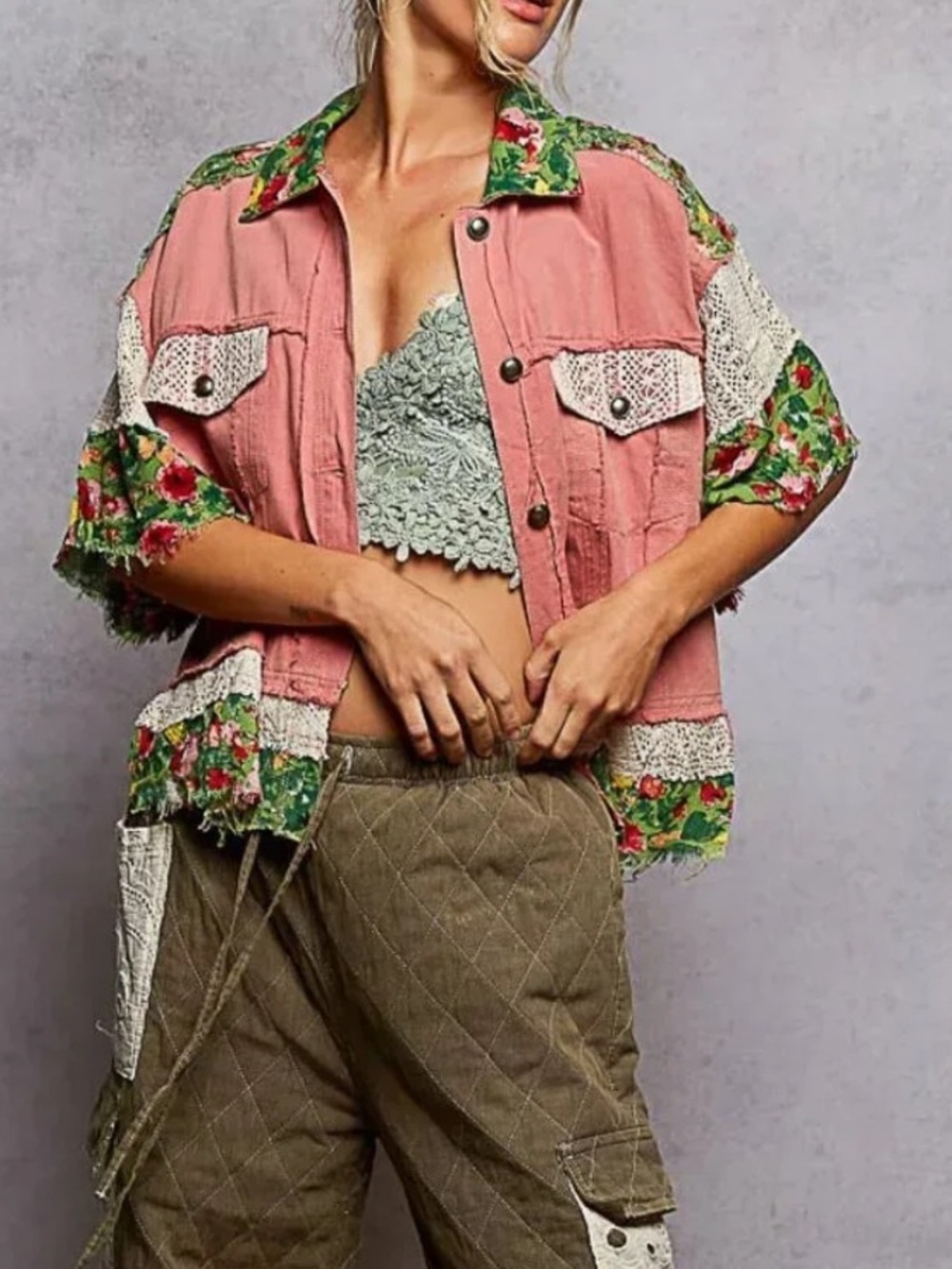POL Lace Patch Floral Half Sleeve Shacket Size Medium